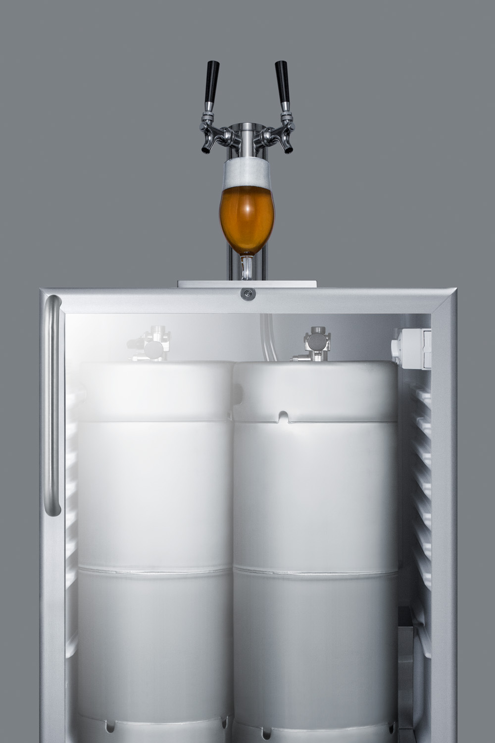 Built-in undercounter ADA height commercially listed dual tap beer dispenser with glass door, lock, and stainless steel wrapped cabinet